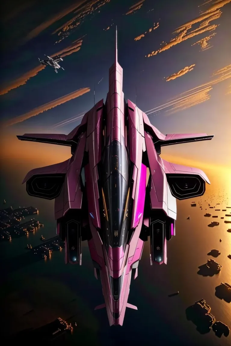 A futuristic spaceship with sleek pink and black design flying over a sea at sunset, created using Stable Diffusion.