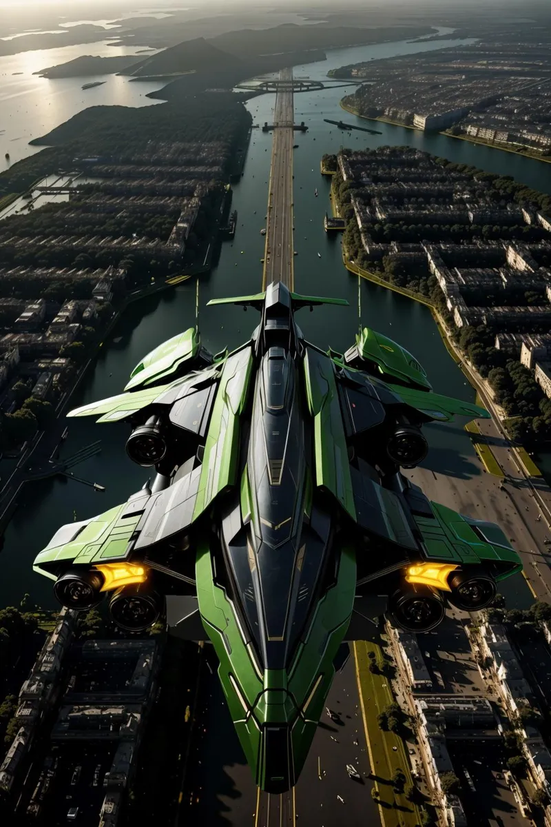 A vibrant green, futuristic spaceship soars over an expansive urban landscape with waterways and roads, emphasizing a blend of advanced technology and urban design. AI generated image using Stable Diffusion.