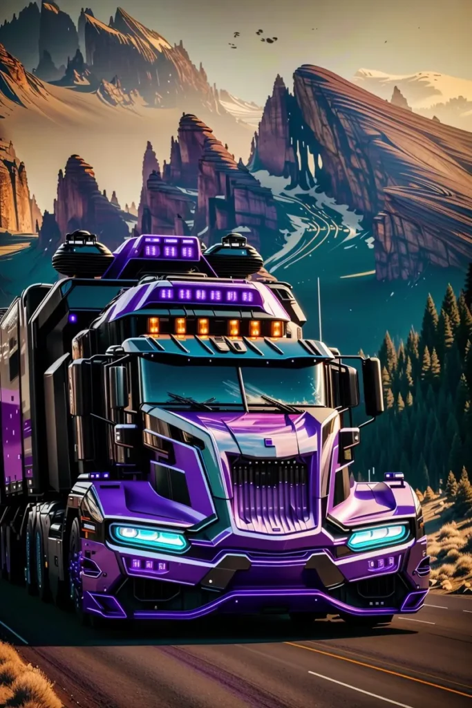 A digitally created futuristic truck with vibrant purple and blue accents driving through a scenic mountain landscape. AI generated image using Stable Diffusion.