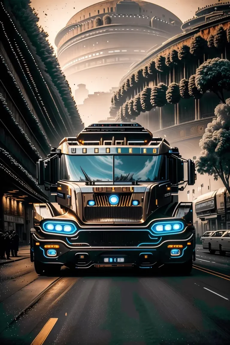 A futuristic truck with glowing blue lights driving through a cyberpunk urban landscape. This is an AI generated image using Stable Diffusion.