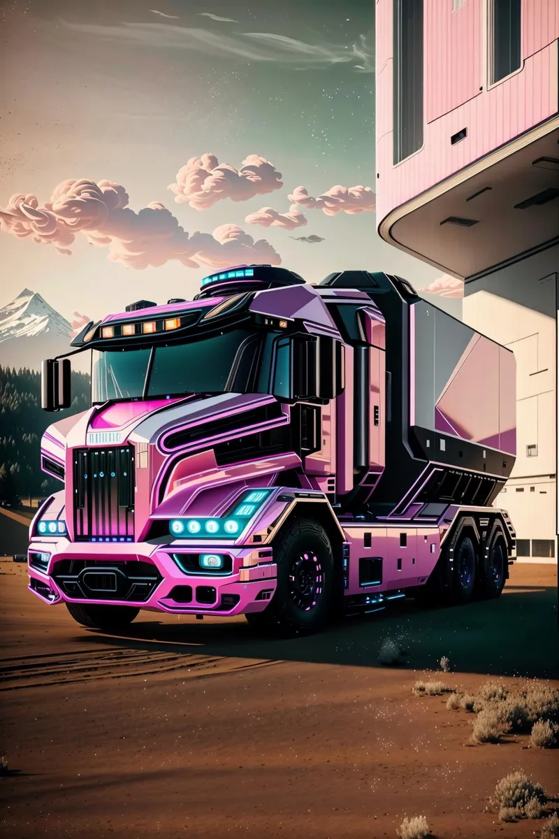 A highly detailed, vibrant depiction of a futuristic truck with a cyberpunk design created using stable diffusion AI.