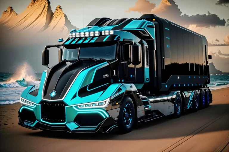 A sleek, futuristic truck with a vibrant black and teal color scheme parked on a beach, AI generated using Stable Diffusion.