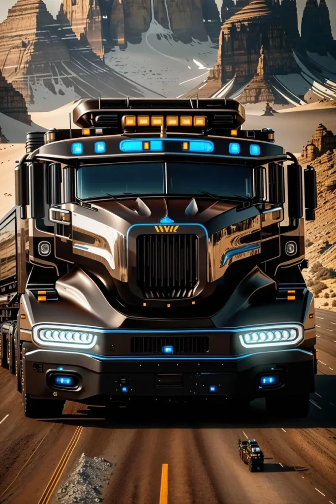 An impressive futuristic truck driving through a vast desert. The truck, rendered in a sleek, modern design, features bright blue LED lights and a robust grille. Towering rocky formations loom in the background, emphasizing the scale and isolation of the landscape. This AI-generated image uses Stable Diffusion.