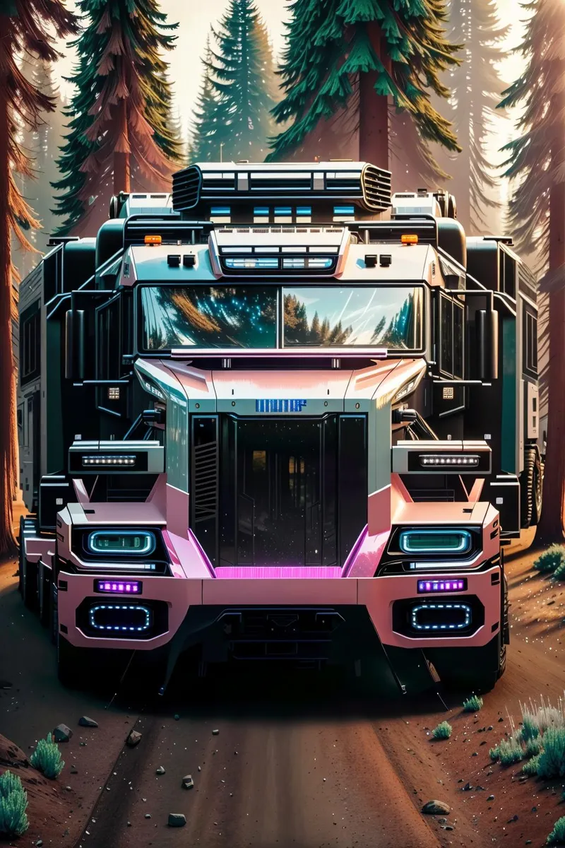 A futuristic truck with neon lights driving on a forest road. AI generated image using Stable Diffusion.