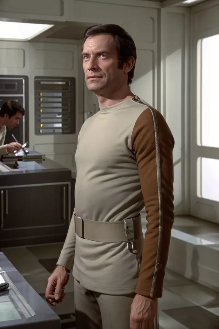 A man in a beige and brown futuristic uniform standing in a sci-fi interior, created using Stable Diffusion.