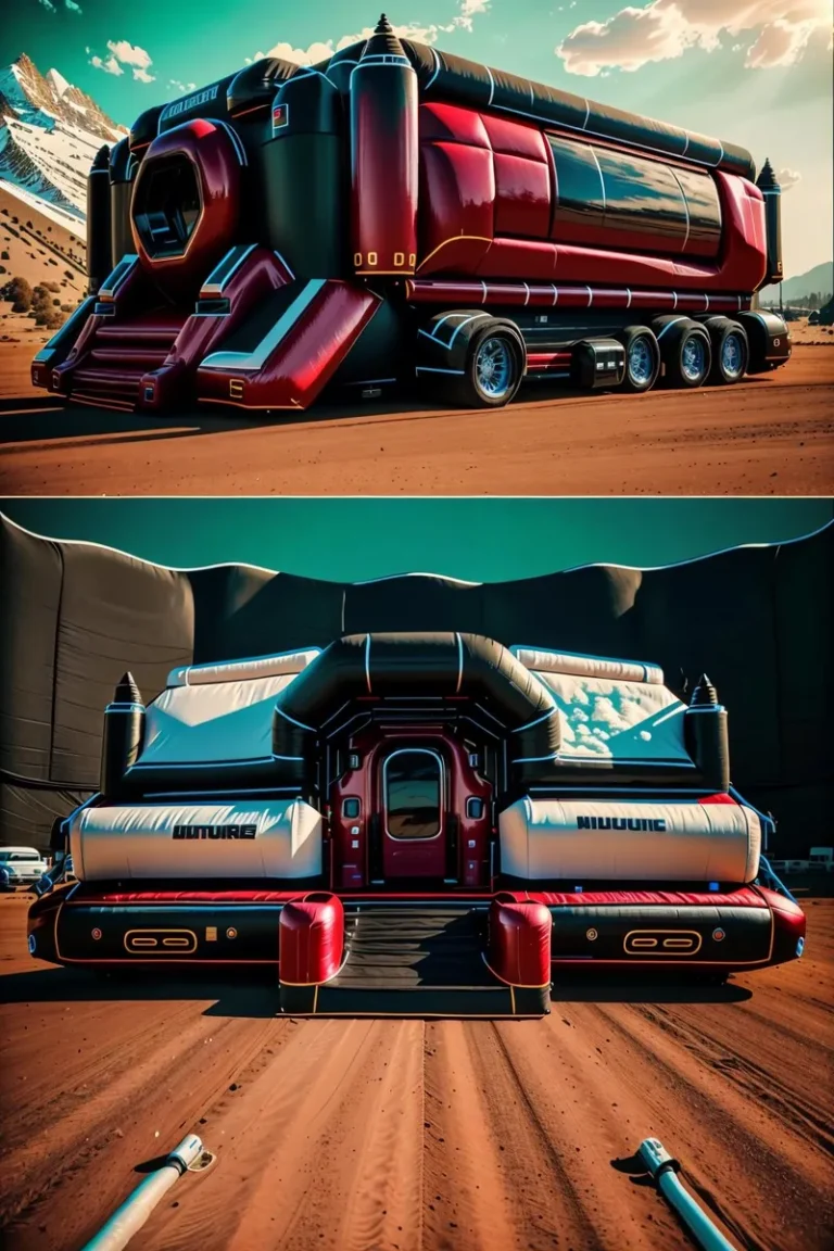 A state-of-the-art futuristic vehicle designed for Mars exploration sits stationary in a Mars-like desert environment. The vehicle has a sleek, aerodynamic shape with vibrant red and black colors, multiple large wheels, and a hexagonal front entrance. This is an AI-generated image using Stable Diffusion.