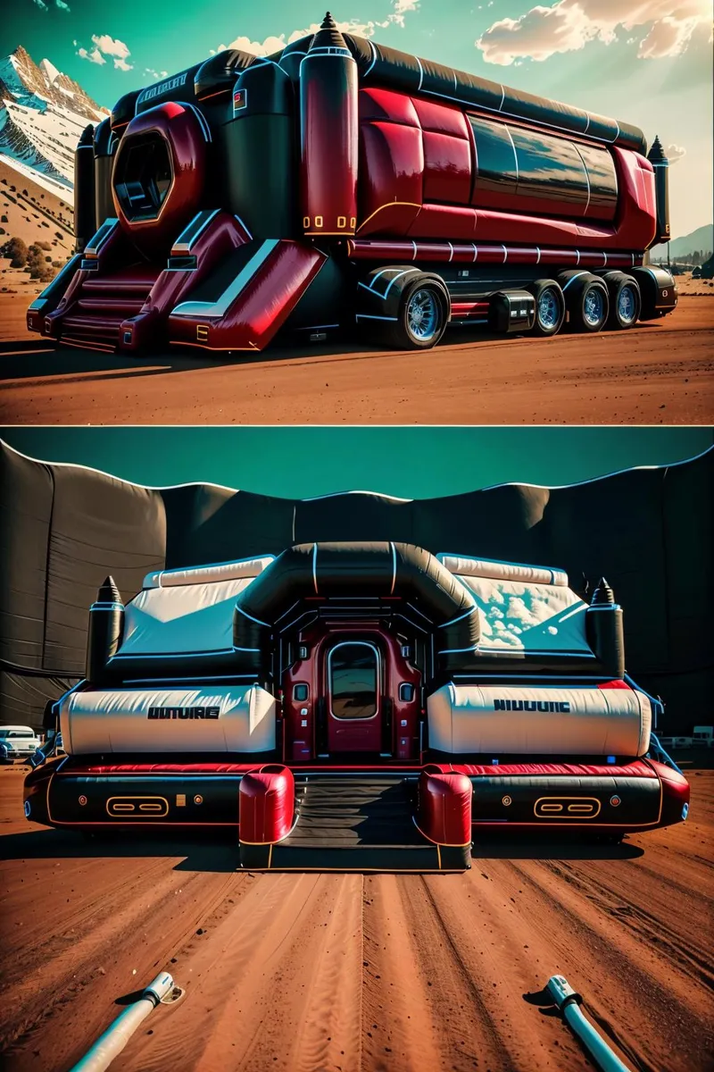 A state-of-the-art futuristic vehicle designed for Mars exploration sits stationary in a Mars-like desert environment. The vehicle has a sleek, aerodynamic shape with vibrant red and black colors, multiple large wheels, and a hexagonal front entrance. This is an AI-generated image using Stable Diffusion.