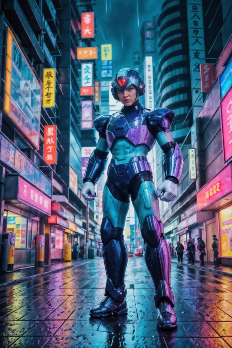 A futuristic warrior in blue and purple armor standing in a neon-lit cyberpunk cityscape. This image is AI generated using Stable Diffusion.
