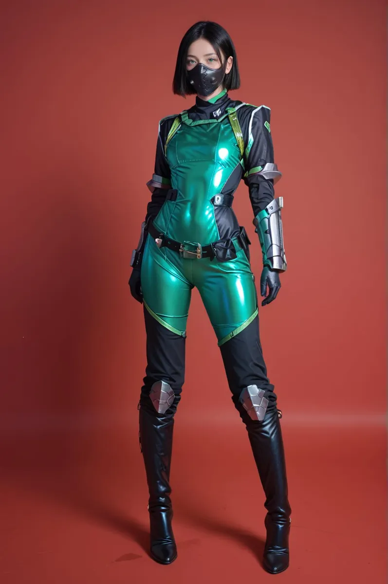 Futuristic warrior in a sleek, green and black sci-fi costume with armor, AI generated using Stable Diffusion.
