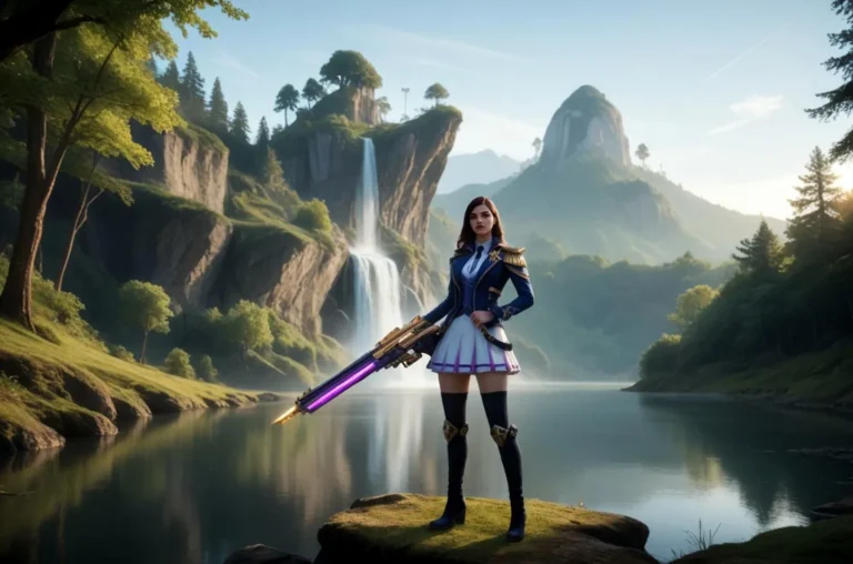 AI generated image of a futuristic warrior in a scenic landscape with mountains, trees, and a waterfall using Stable Diffusion.