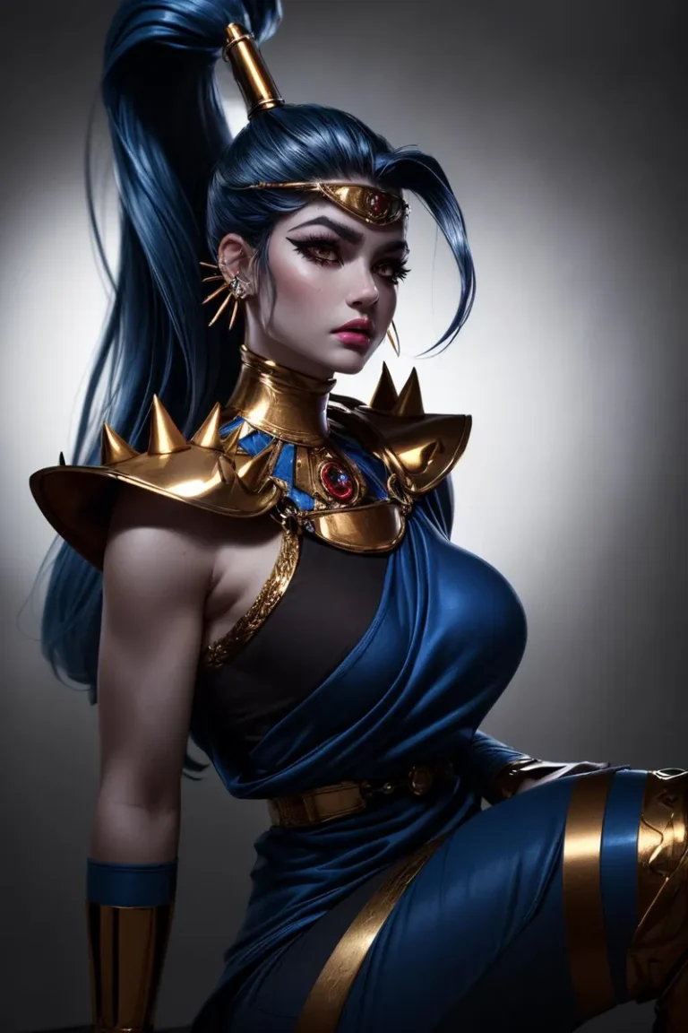 A futuristic warrior princess with long blue hair and elaborate golden armor, dressed in high fashion concept art created using Stable Diffusion.