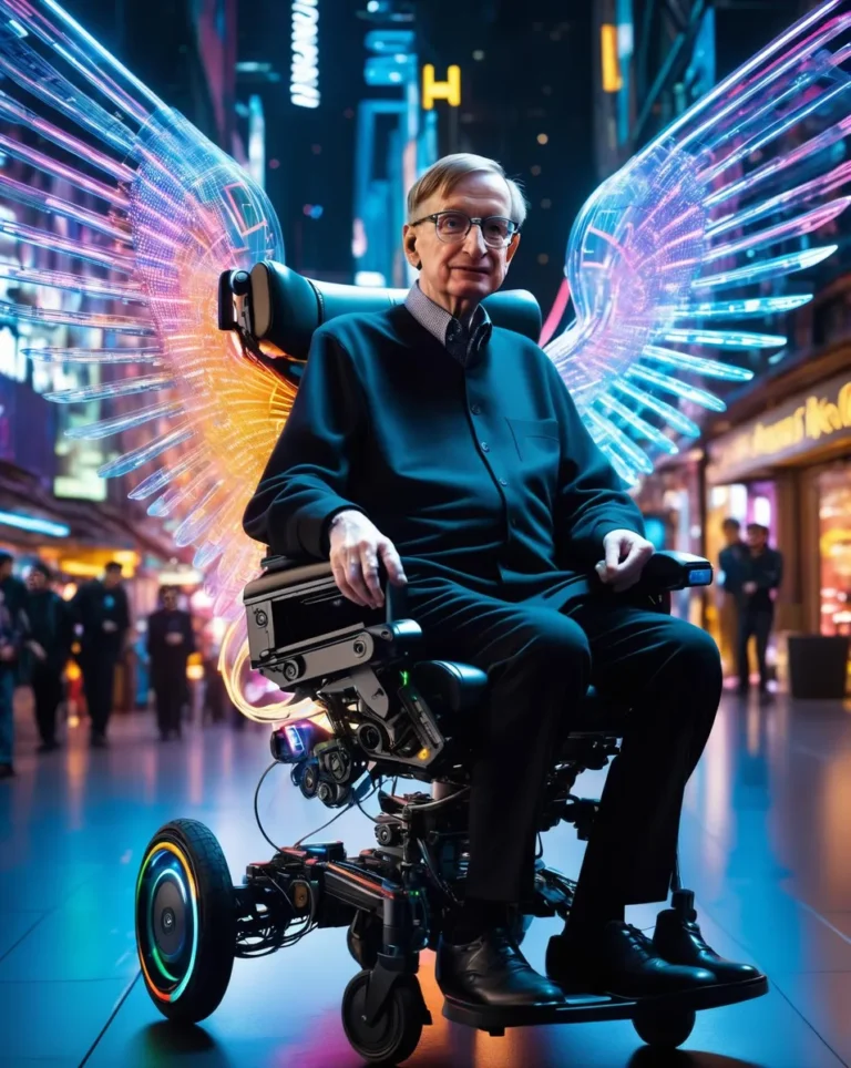 AI generated image of an elderly man in a futuristic wheelchair with vibrant neon wings in a cityscape created using Stable Diffusion.