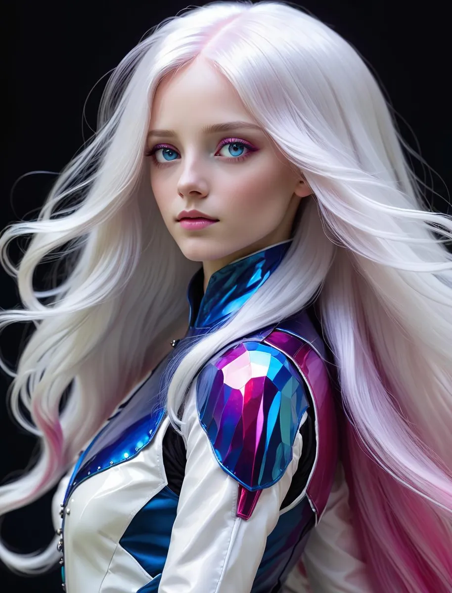 AI generated image using Stable Diffusion of a young woman with long, flowing white hair in a futuristic, colorful outfit.