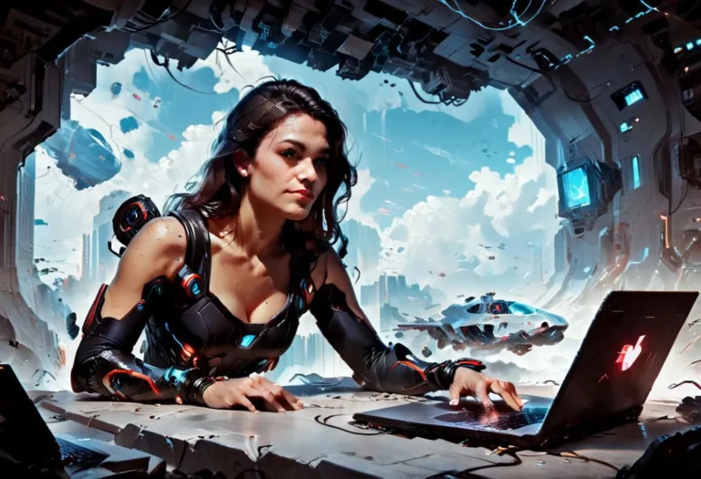 AI generated image of a futuristic woman wearing cybernetic armor and using a laptop with a futuristic city and flying vehicles in the background. Created with Stable Diffusion.