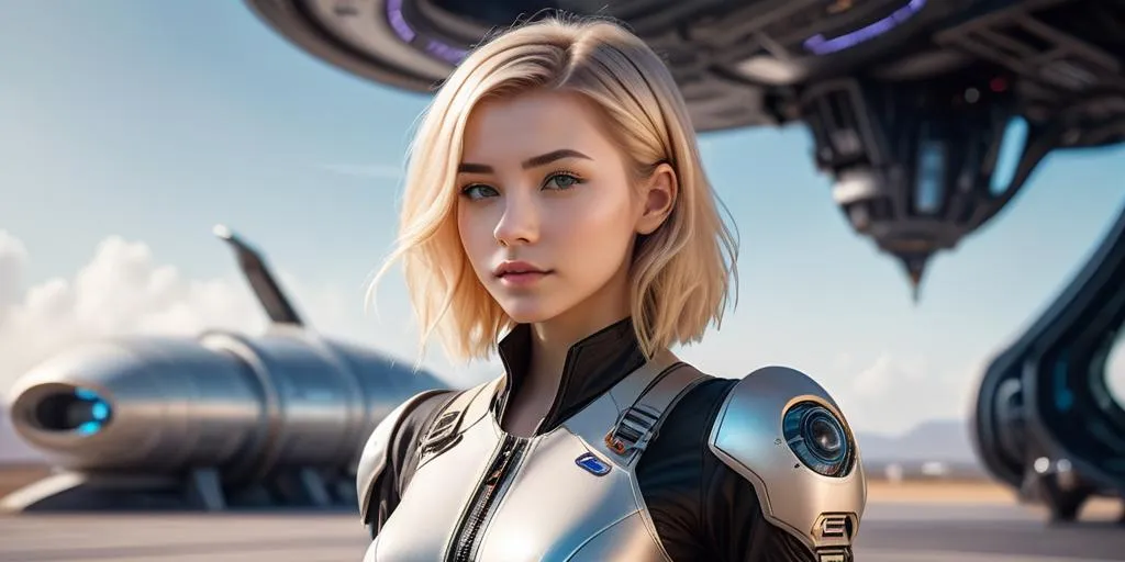 A futuristic woman with blonde hair is dressed in a high-tech space suit standing in front of a spaceship and futuristic machinery, AI generated using stable diffusion.