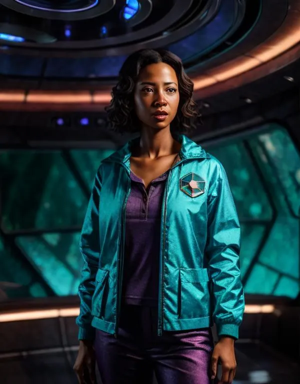Futuristic woman in teal jacket with geometric emblem standing in a space station environment, created using Stable Diffusion AI.