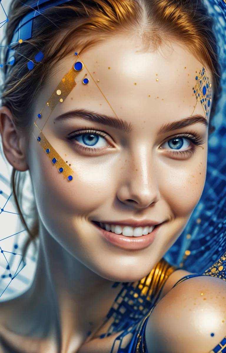 Futuristic woman with mesmerizing blue eyes, intricate cyberpunk facial designs and patterns, and a golden shimmer, AI generated using Stable Diffusion.