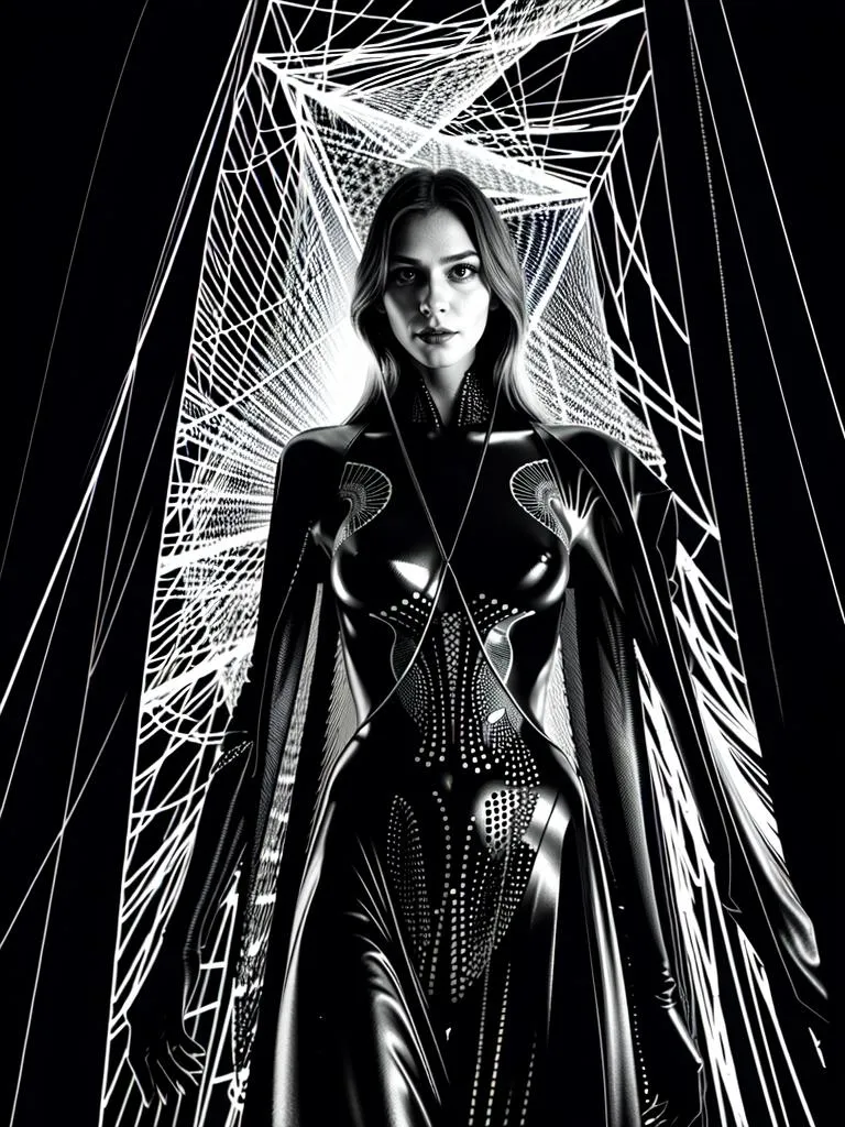 A futuristic woman wearing a sleek, black cyberpunk suit, standing against a background of intricate white geometric patterns. Emphasizes cutting-edge digital aesthetics and modern design. AI-generated image using stable diffusion.