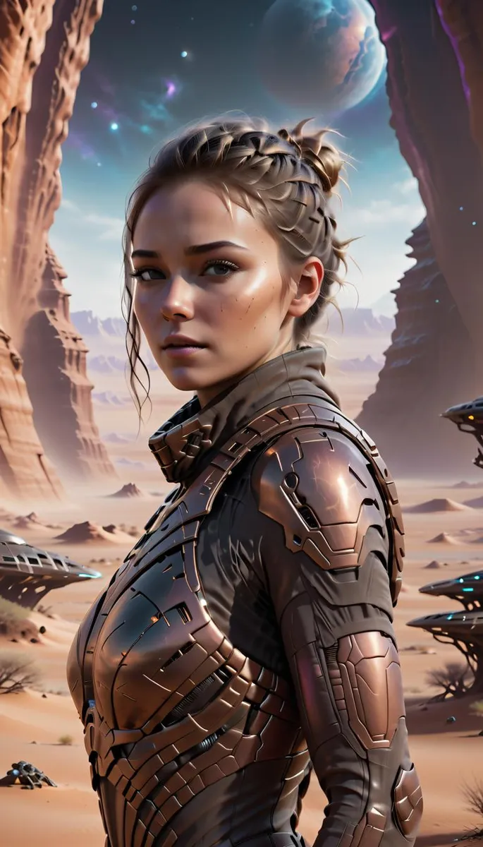 A futuristic woman in detailed sci-fi armor standing in a desert landscape with rugged cliffs and spaceships. This is an AI generated image using Stable Diffusion.