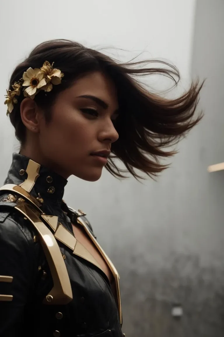 A woman adorned with a flower headpiece, wearing a futuristic black leather outfit with gold accents. Emphasize that this is an AI generated image using Stable Diffusion.