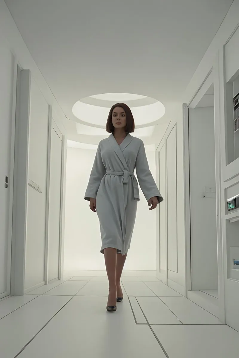 Futuristic woman in a minimalist hallway. AI generated image using Stable Diffusion.