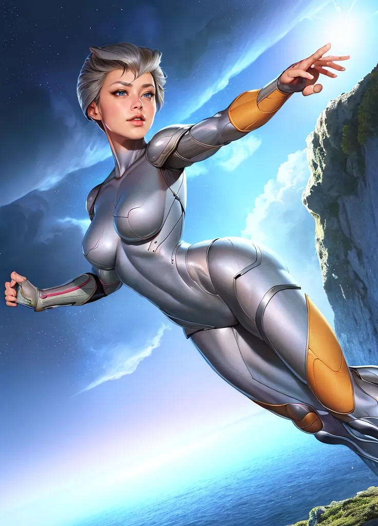 Futuristic woman in a sleek cyber suit soaring. AI generated image using Stable Diffusion.