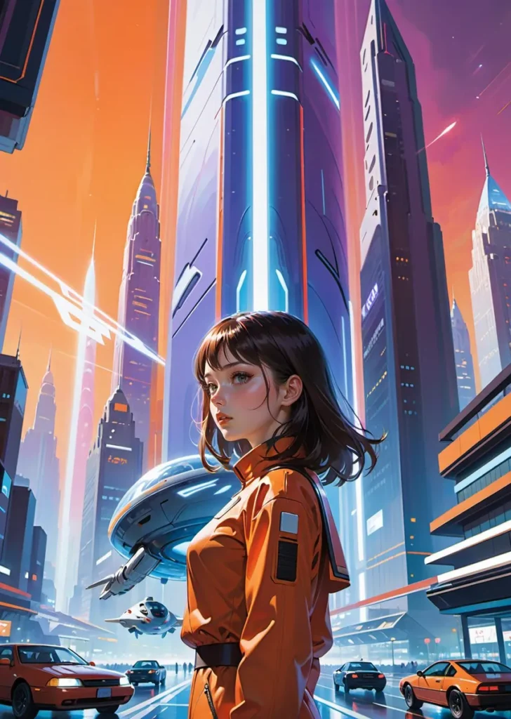 A futuristic woman in an orange jumpsuit stands in front of a vibrant sci-fi cityscape with towering buildings and flying vehicles, generated using Stable Diffusion AI.