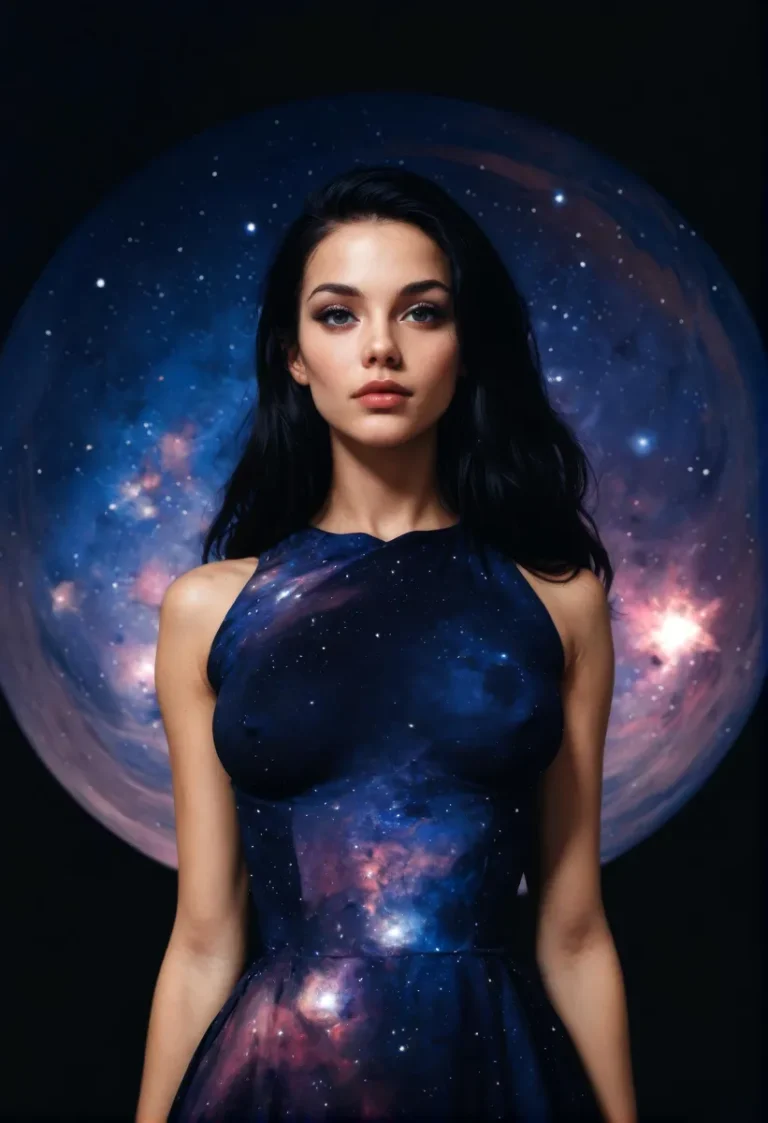 A woman in a stunning galaxy-themed dress with cosmic patterns, created using AI and Stable Diffusion.