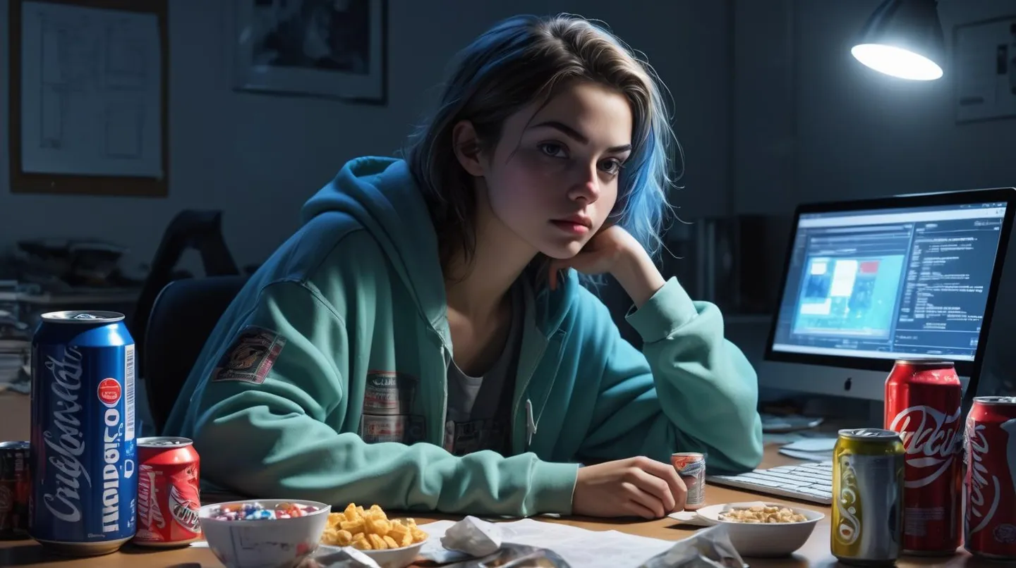 Gamer girl with blue hoodie and multicolored hair surrounded by soda cans and snacks, coding on a computer. This is an AI generated image using stable diffusion.