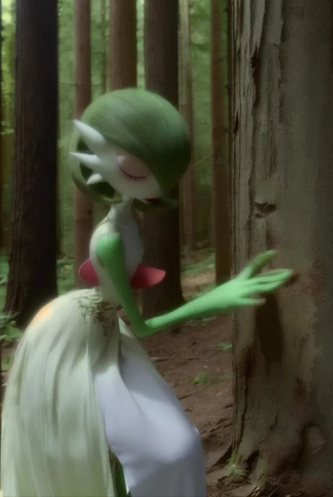Gardevoir, an anime character with green hair and white dress, serenely touching a tree in a dense forest. This is an AI generated image using stable diffusion.