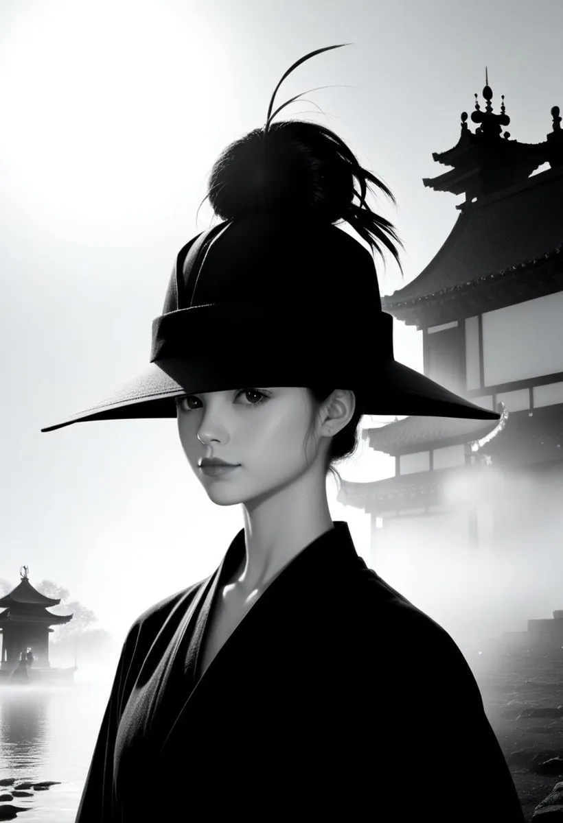 AI generated image using Stable Diffusion. A geisha with a serene expression wearing a modern hat with feathers, standing in front of traditional Japanese architecture.