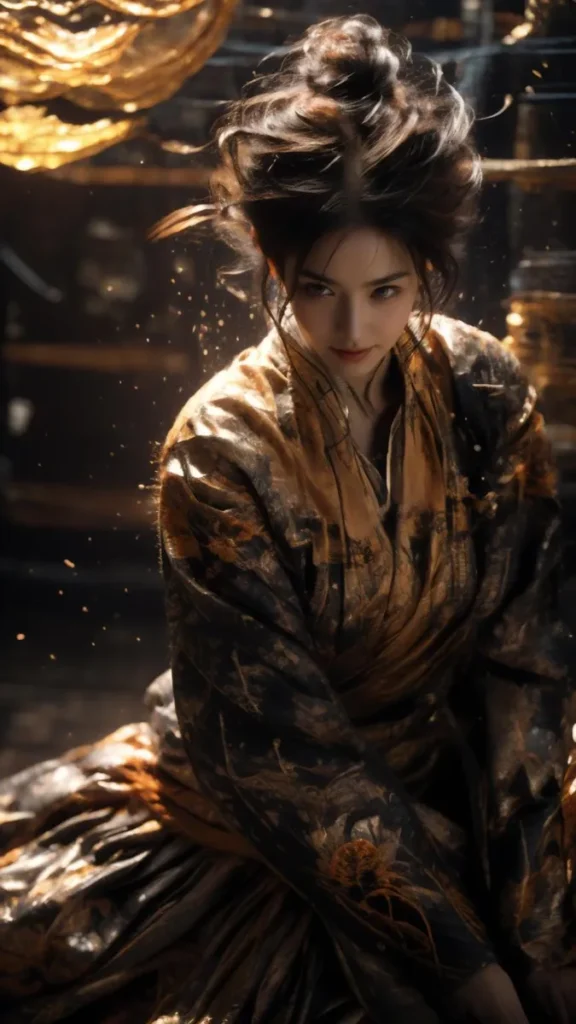 Geisha woman depicted in traditional japanese attire with intricate patterns and glowing backdrop, created using stable diffusion ai art technique.