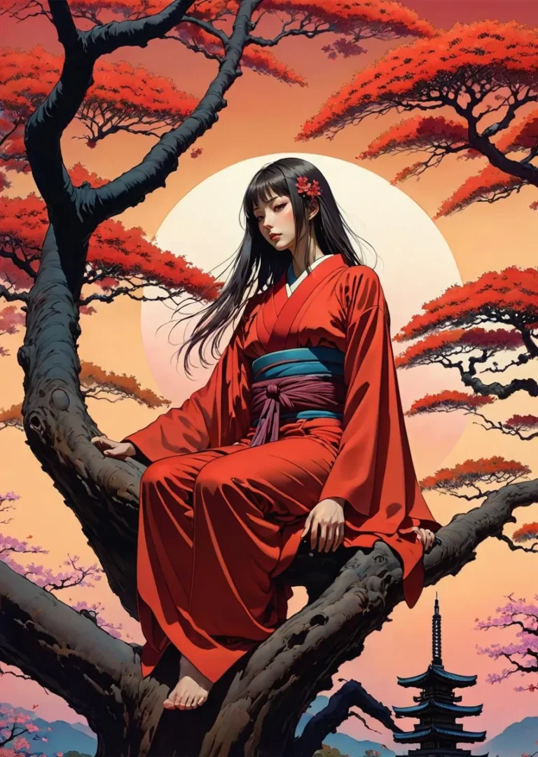 AI generated image of a geisha in a red kimono sitting on a tree branch with red autumn leaves, sunset background, traditional Japanese scenery, created using Stable Diffusion.
