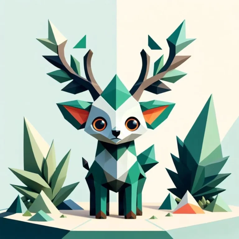 An AI generated image using stable diffusion showcasing a colorful geometric deer in a low poly style, surrounded by angular plants on a gradient background.