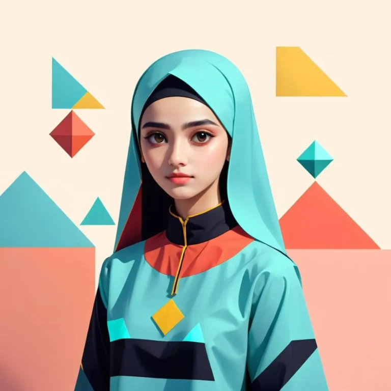 AI generated image using Stable Diffusion, depicting a woman wearing a modern hijab with geometric patterns and shapes in the background in red, blue, and yellow color palette.