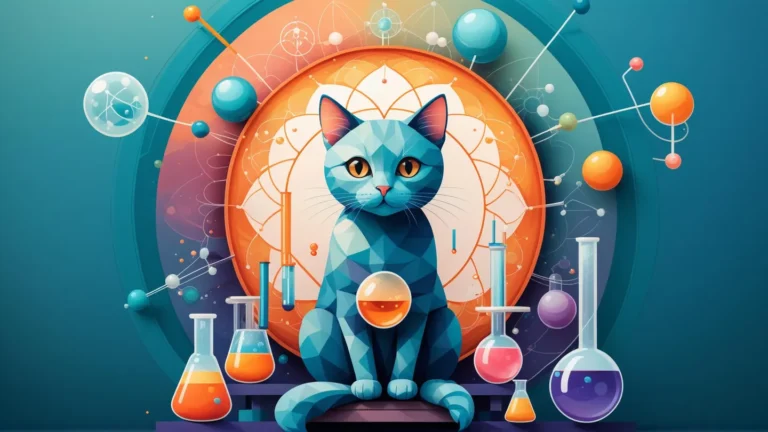 Detailed AI generated image using stable diffusion featuring a geometric styled cat with a science-themed background including beakers, flasks, and molecular structures.