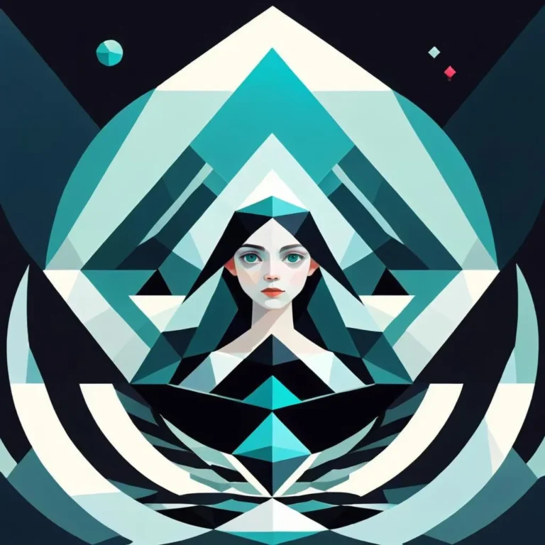 An AI generated geometric abstract portrait of a woman using stable diffusion. The image features a woman's face composed of various triangles, diamond shapes, and shades of teal, blue, black, and white.
