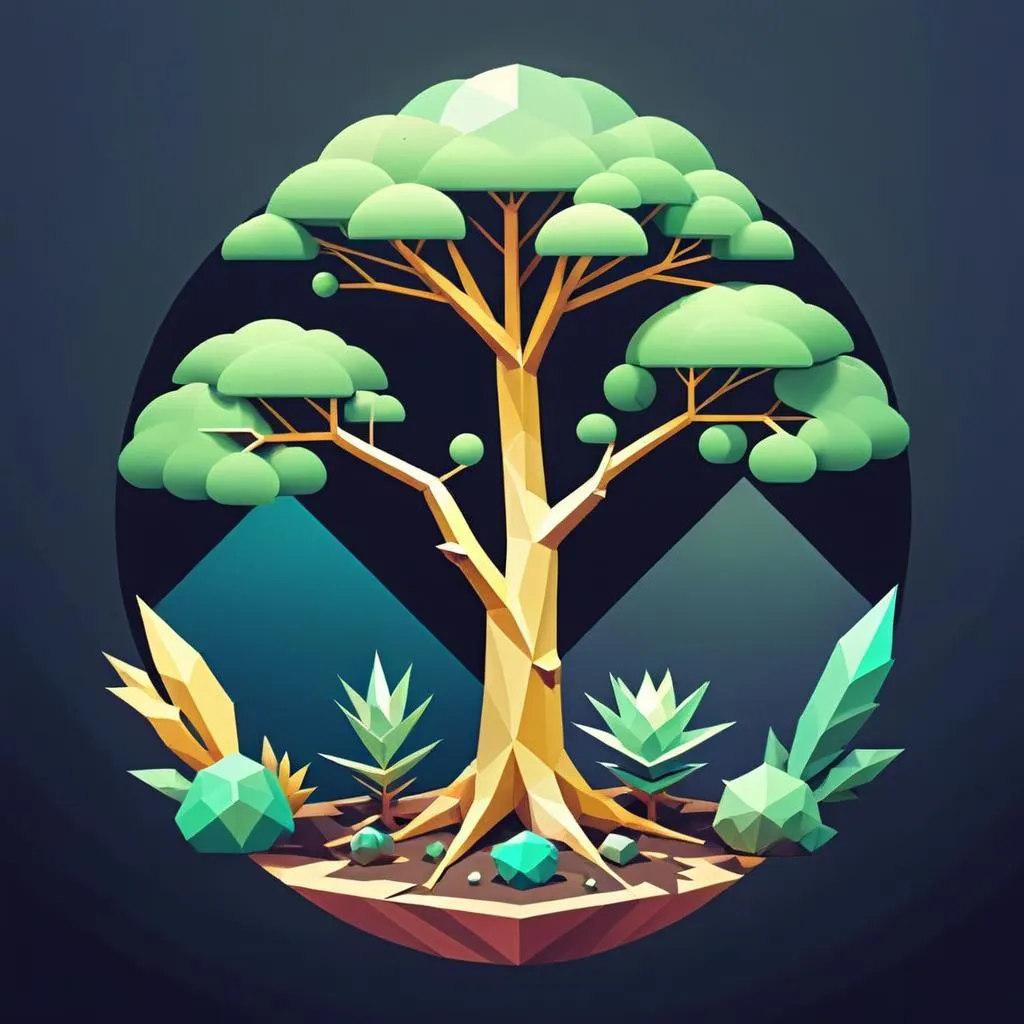 Geometric tree rendered in low poly art style with a dark background, AI generated image using stable diffusion.