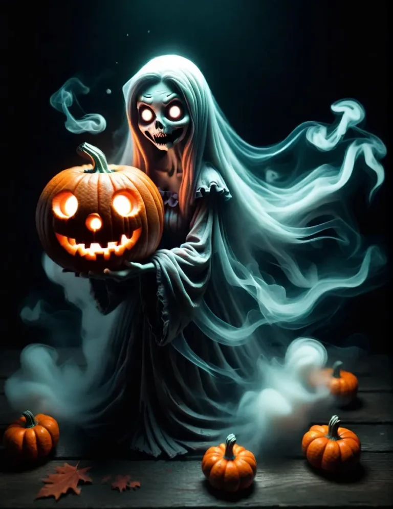 Ghost in a white flowing dress holding a carved Jack-O'-Lantern with glowing eyes, surrounded by small pumpkins on the floor. Created using Stable Diffusion.