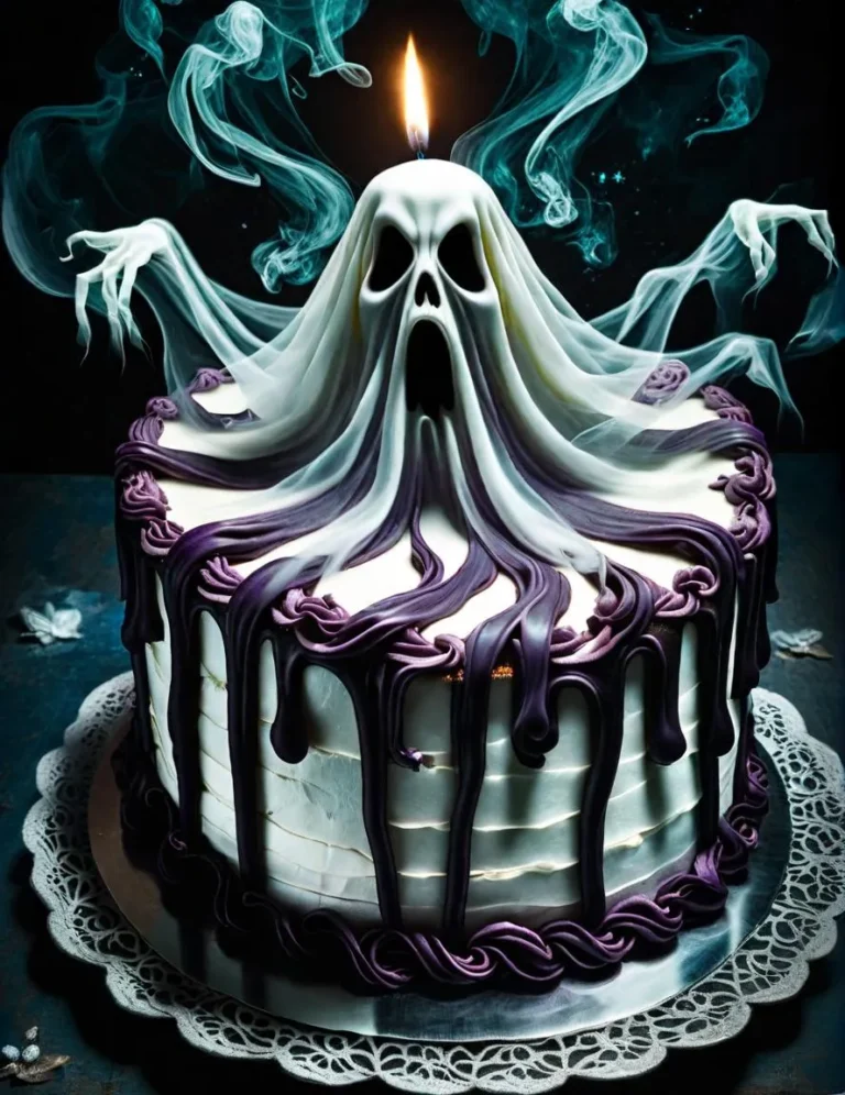 A spooky ghost-themed cake with realistic eerie smokey effects and a candle on top. AI generated image using stable diffusion.