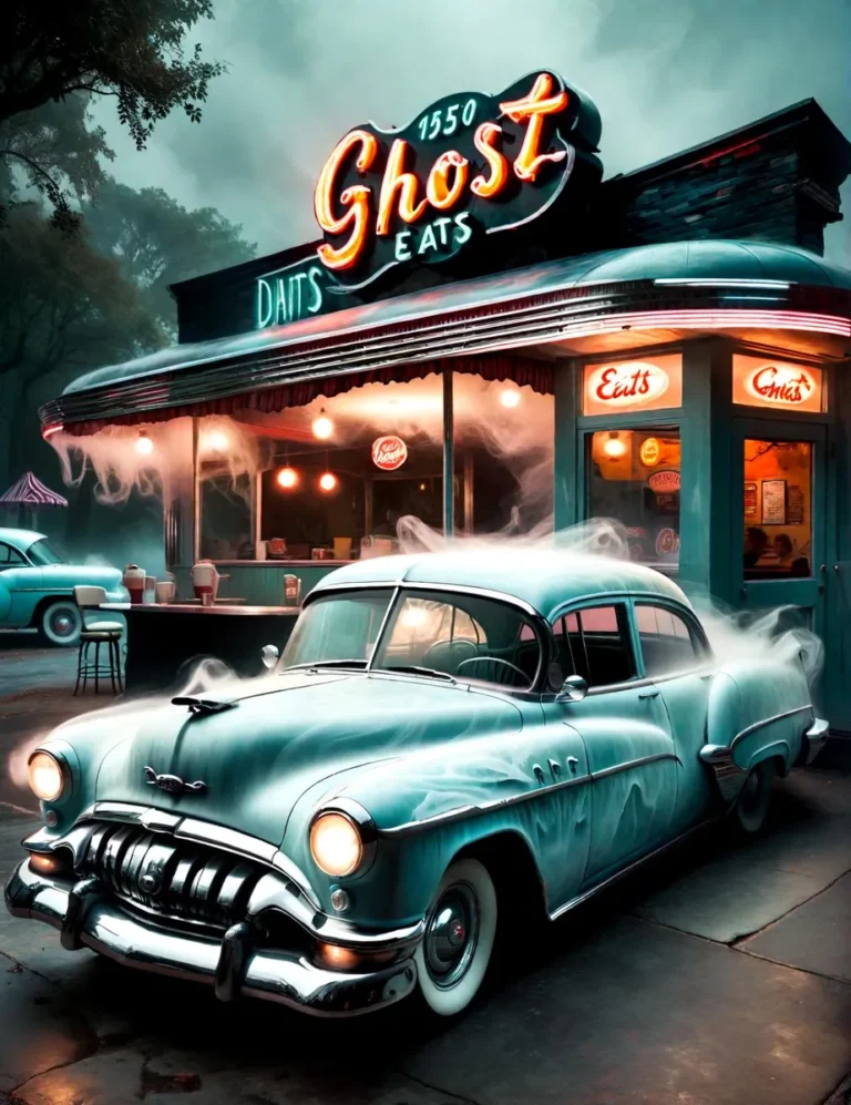A vintage car parked outside a neon-lit diner named 'Ghost Eats' emanating ghostly smoke. AI generated image using Stable Diffusion.
