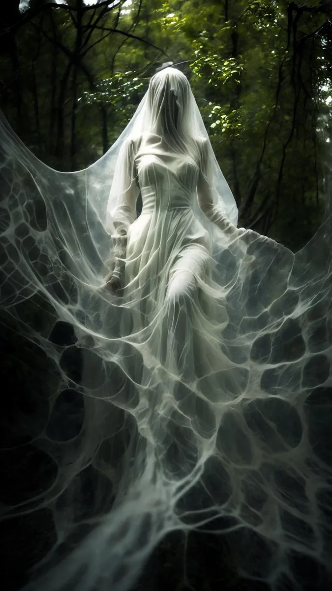 A ghostly woman in a long, flowing white dress stands amidst a forest, shrouded in ethereal light with cobweb-like veils around her. This is an AI generated image using Stable Diffusion.