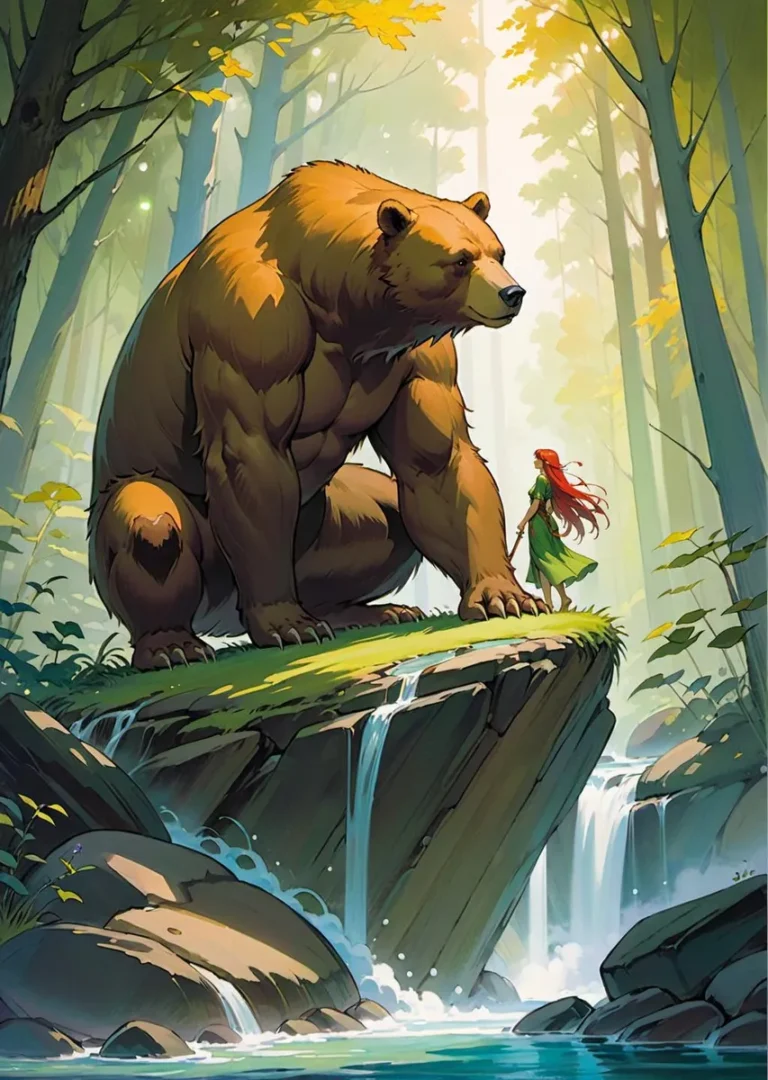 A giant bear and a red-haired girl standing on a rock by a waterfall in a lush, light-filled fantasy forest. AI generated image using Stable Diffusion.