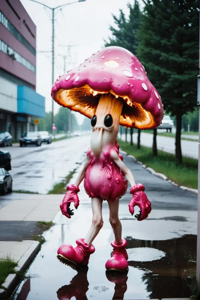 A giant mushroom costume with a pink cap and tentacle-like hands walking down a city street. AI generated image using Stable Diffusion.