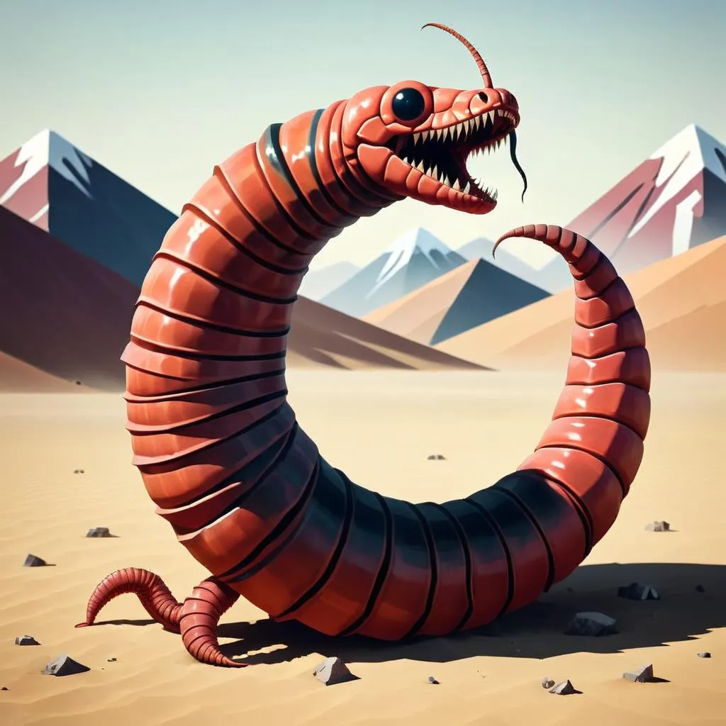 AI generated image using Stable Diffusion depicting a giant, red segmented worm with a menacing expression in a desert landscape with mountainous background.