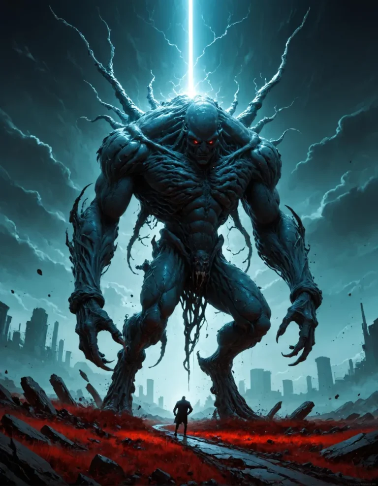 A terrifying giant monster with glowing red eyes in an apocalyptic scene, created using Stable Diffusion