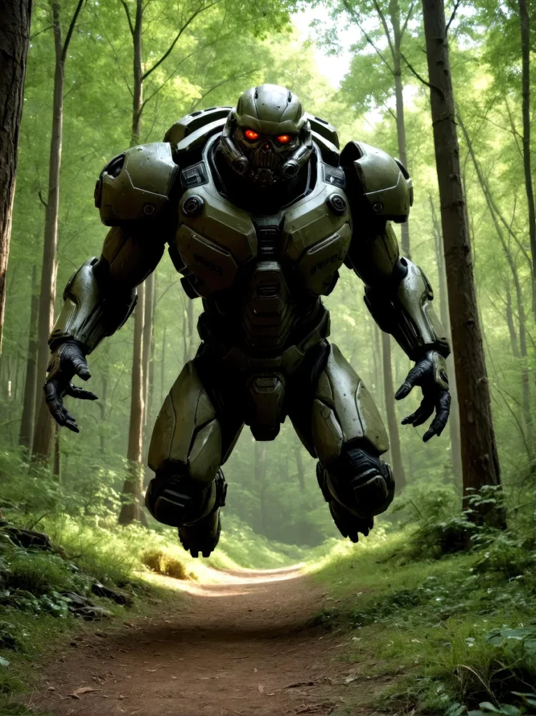 A giant robot with glowing red eyes standing on a dirt path in a dense, green forest. AI generated image using Stable Diffusion.