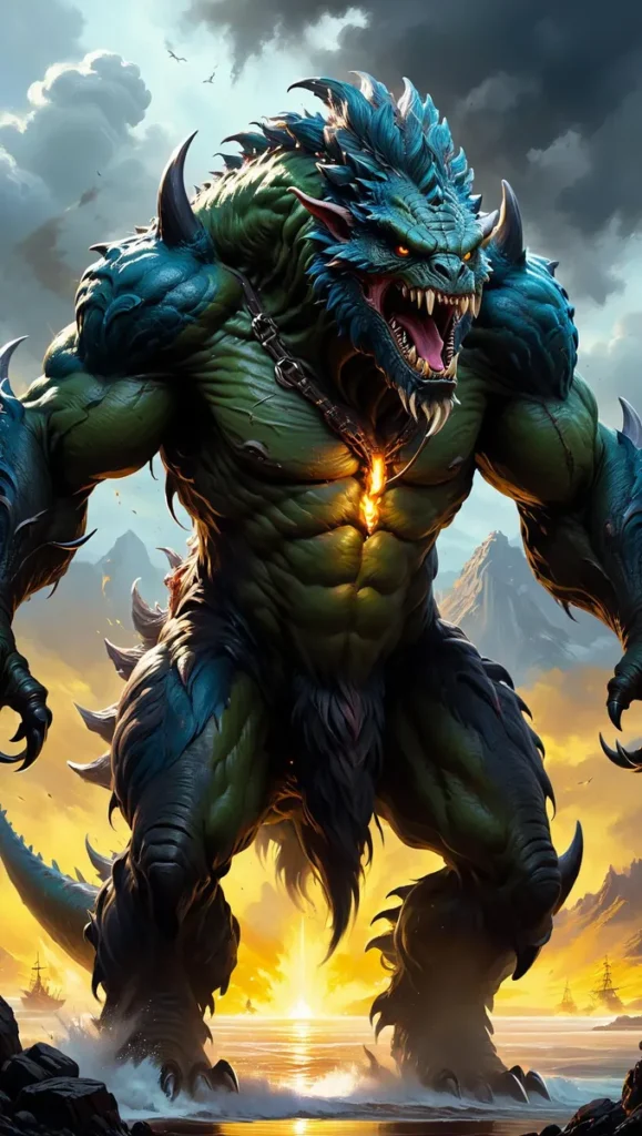 A massive, muscular sea monster stands with a menacing posture. It has green skin and blue armor-like scales, adorned with spikes and chains. The creature has sharp, menacing teeth and glowing eyes. Mountains and the sea form the dramatic background, bathed in the golden light of a setting sun. This is an AI-generated image using Stable Diffusion.