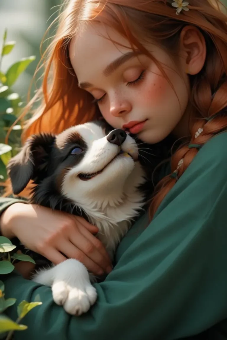 A girl with red hair, dressed in green, is tenderly hugging a black and white dog. AI generated image using Stable Diffusion.