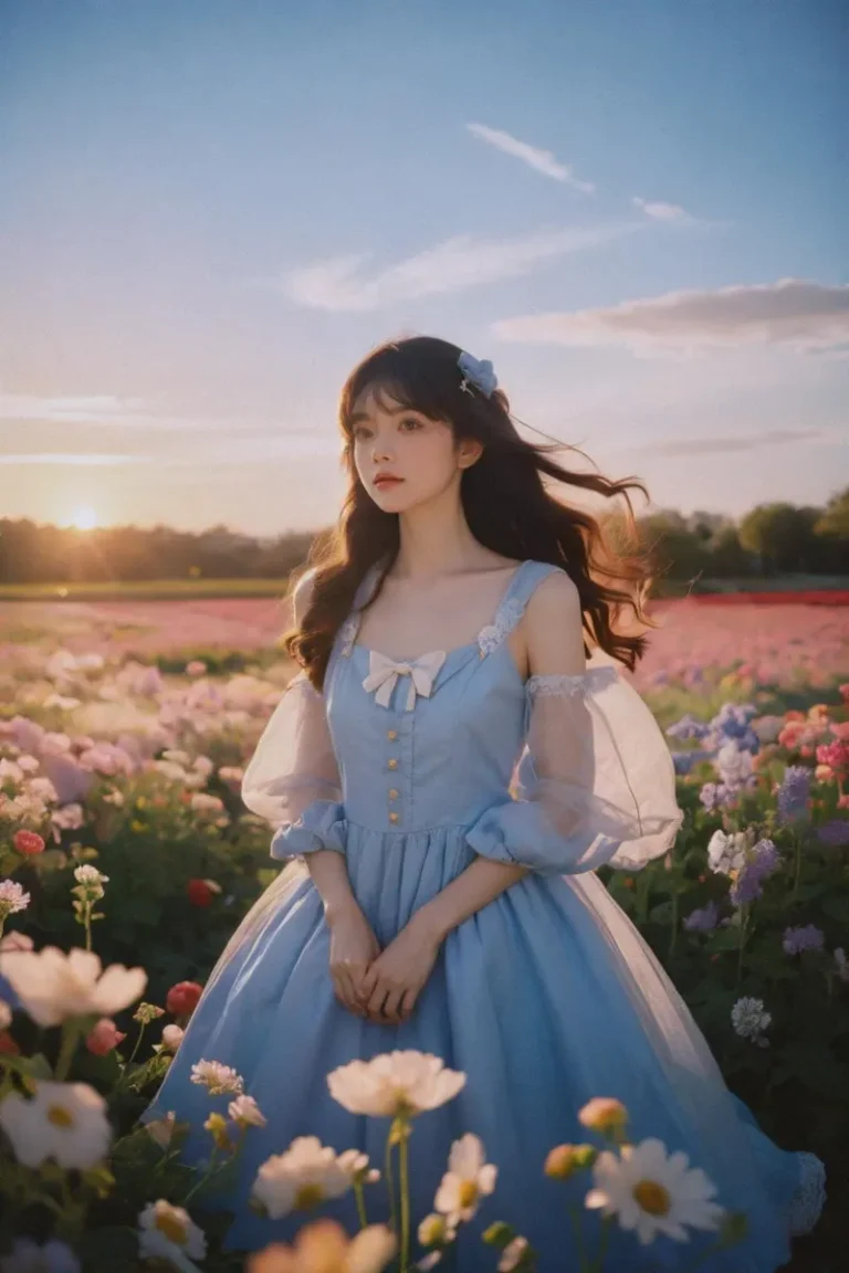 AI generated image using Stable Diffusion of a girl in a blue dress standing in a vibrant flower field at sunset. Her hair is adorned with a matching bow.